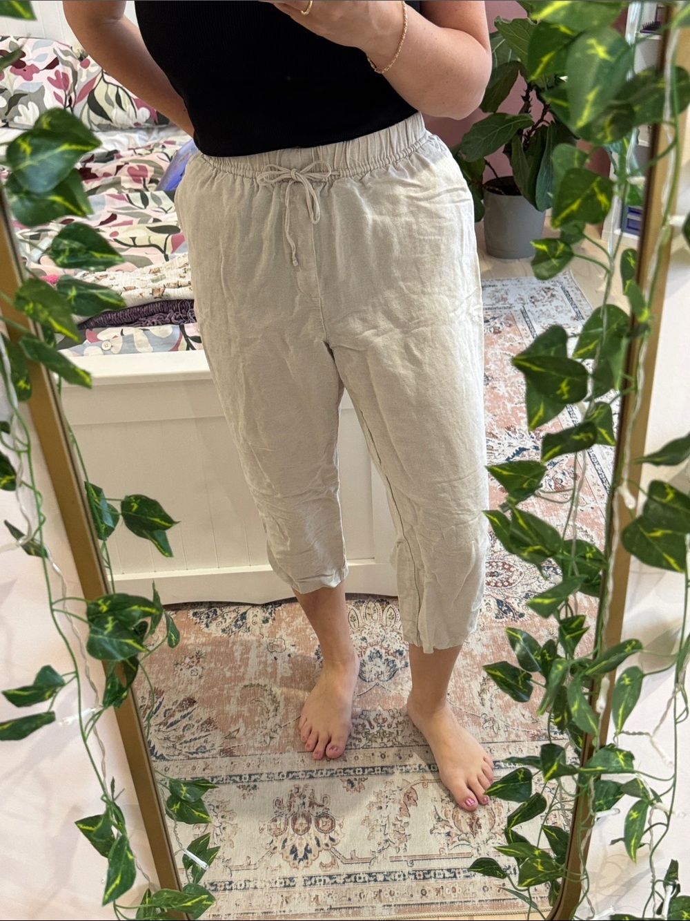 H&M Beige Linen-Blend Capris with Drawstring Waist